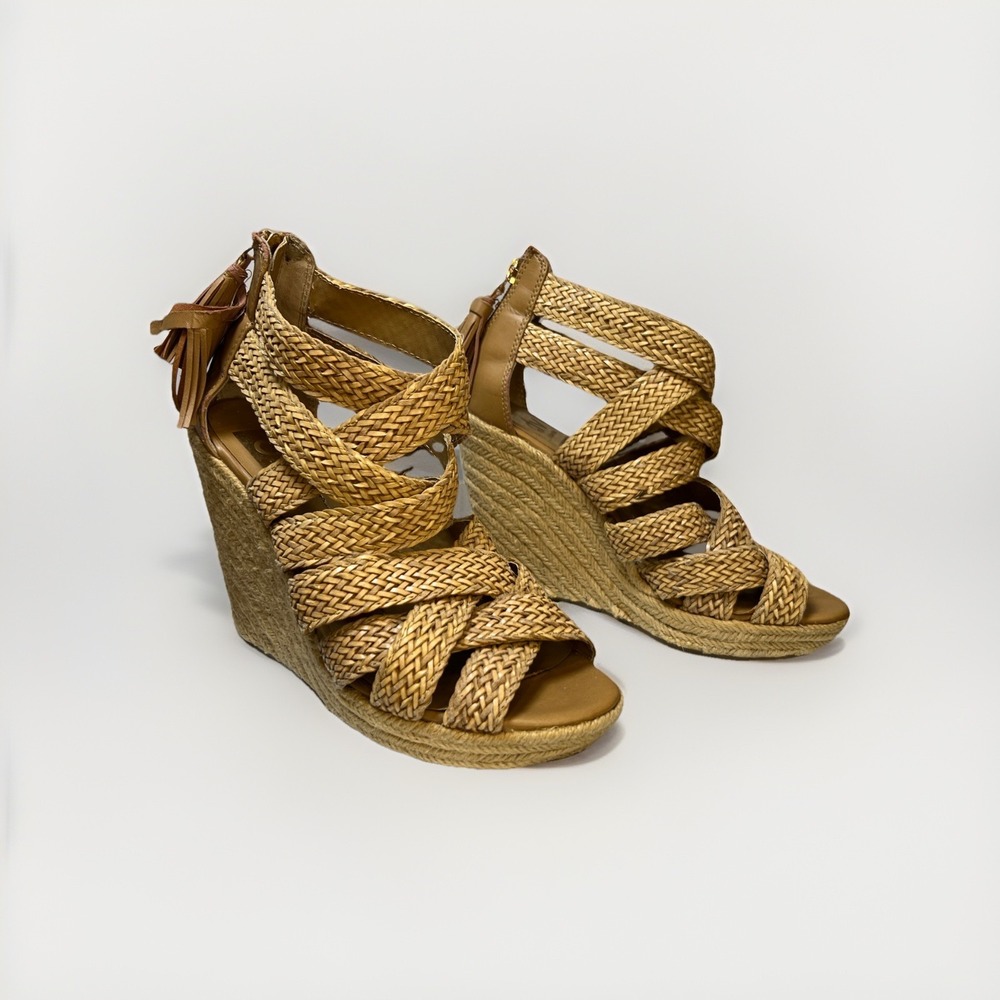 DV by Dolce Vita Wedge Sandals Womens 7 Raffia Espadrille Back Zip Tassel Summer